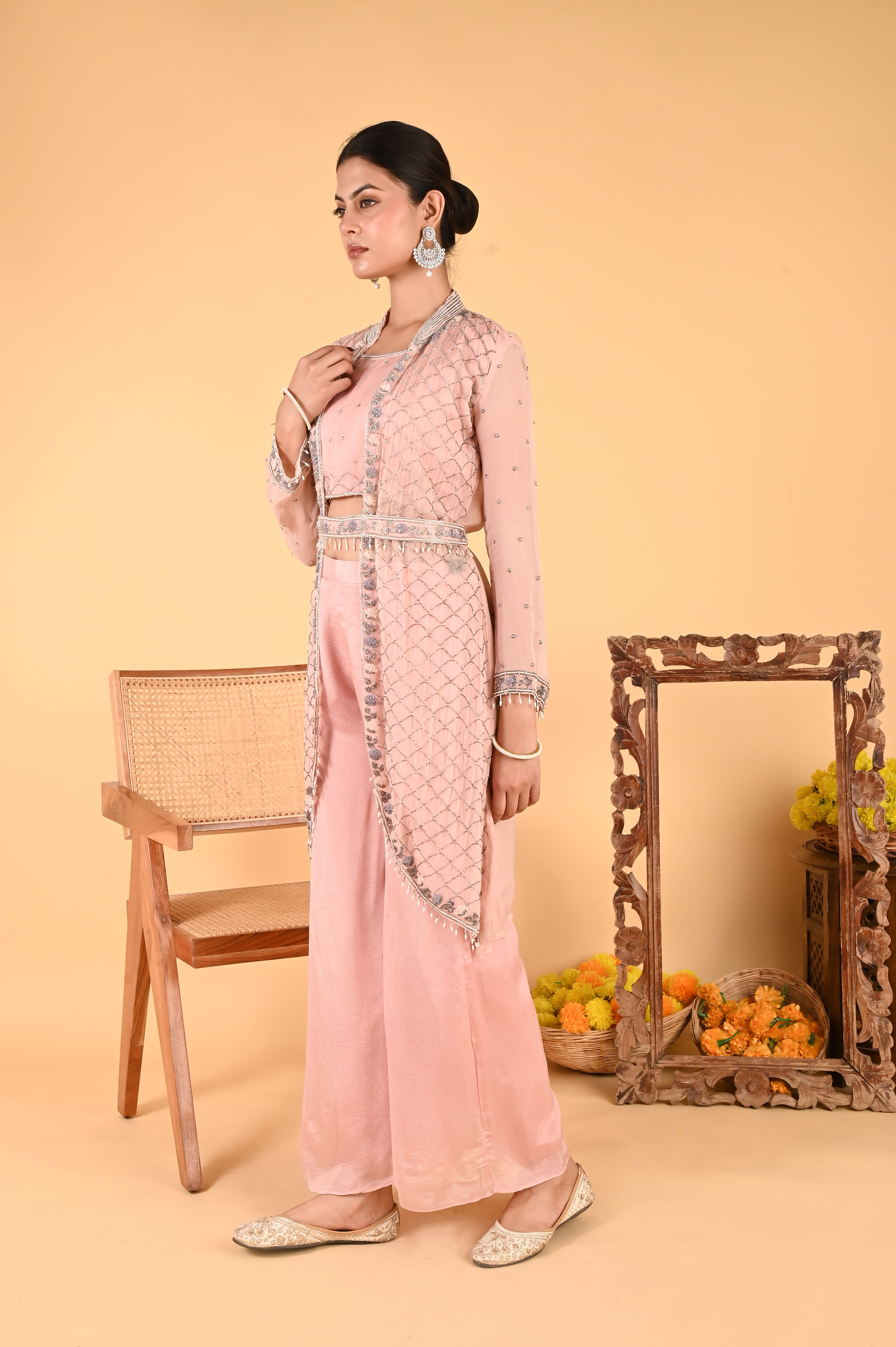 NR-119/ Blush Pink Hand-Embroidered Jacket Set