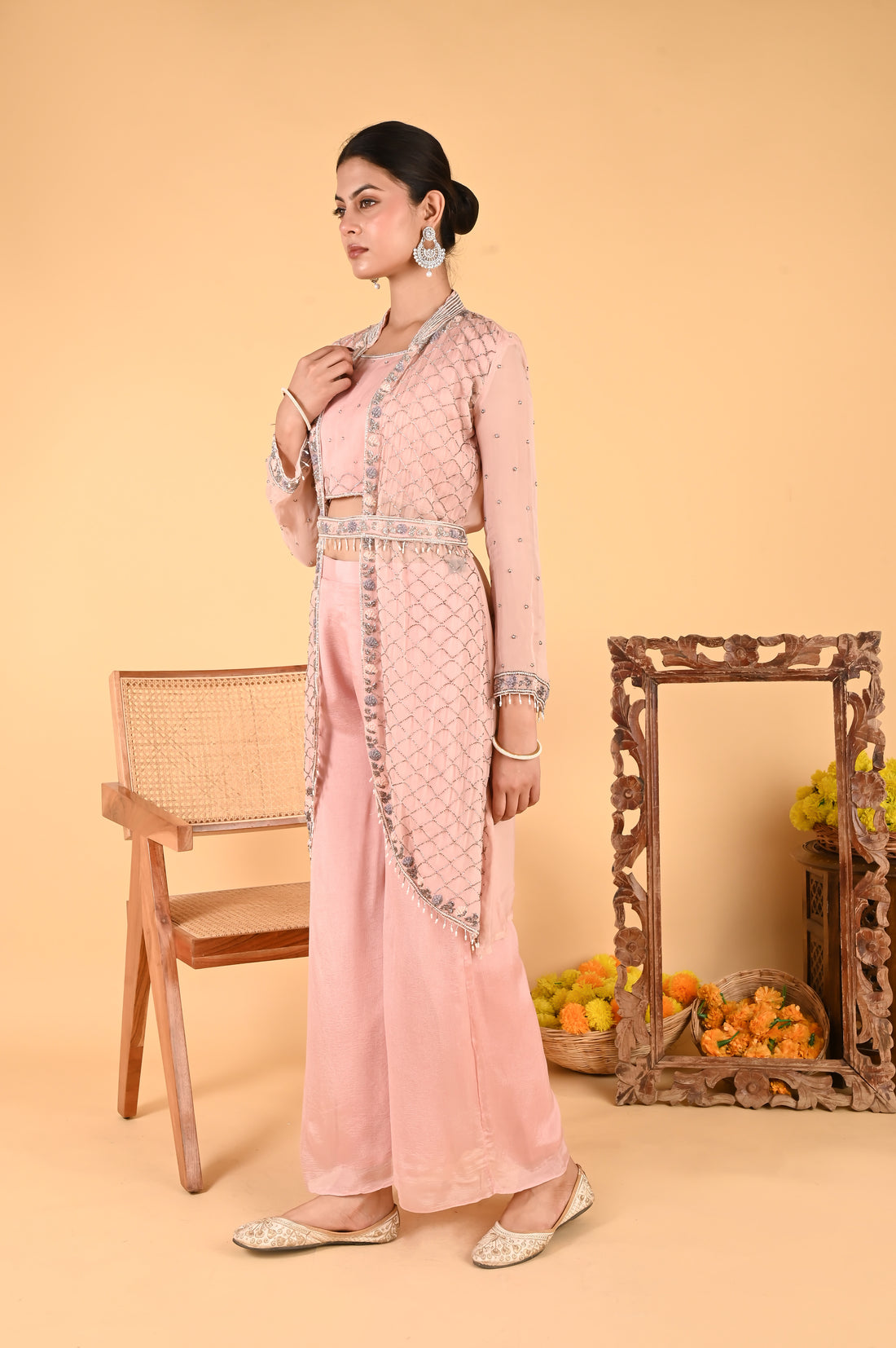 NR-119/ Blush Pink Hand-Embroidered Jacket Set