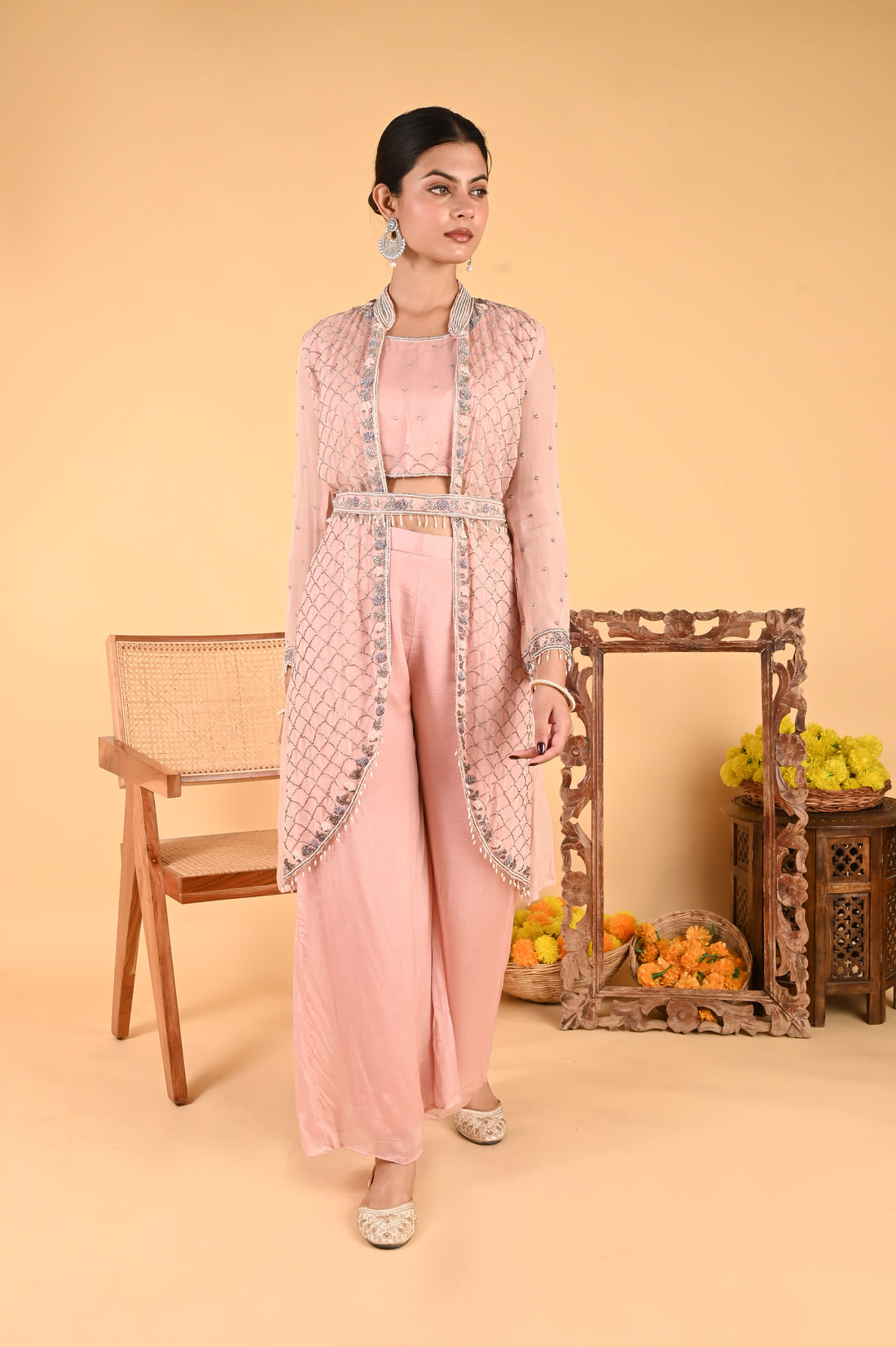 NR-119/ Blush Pink Hand-Embroidered Jacket Set