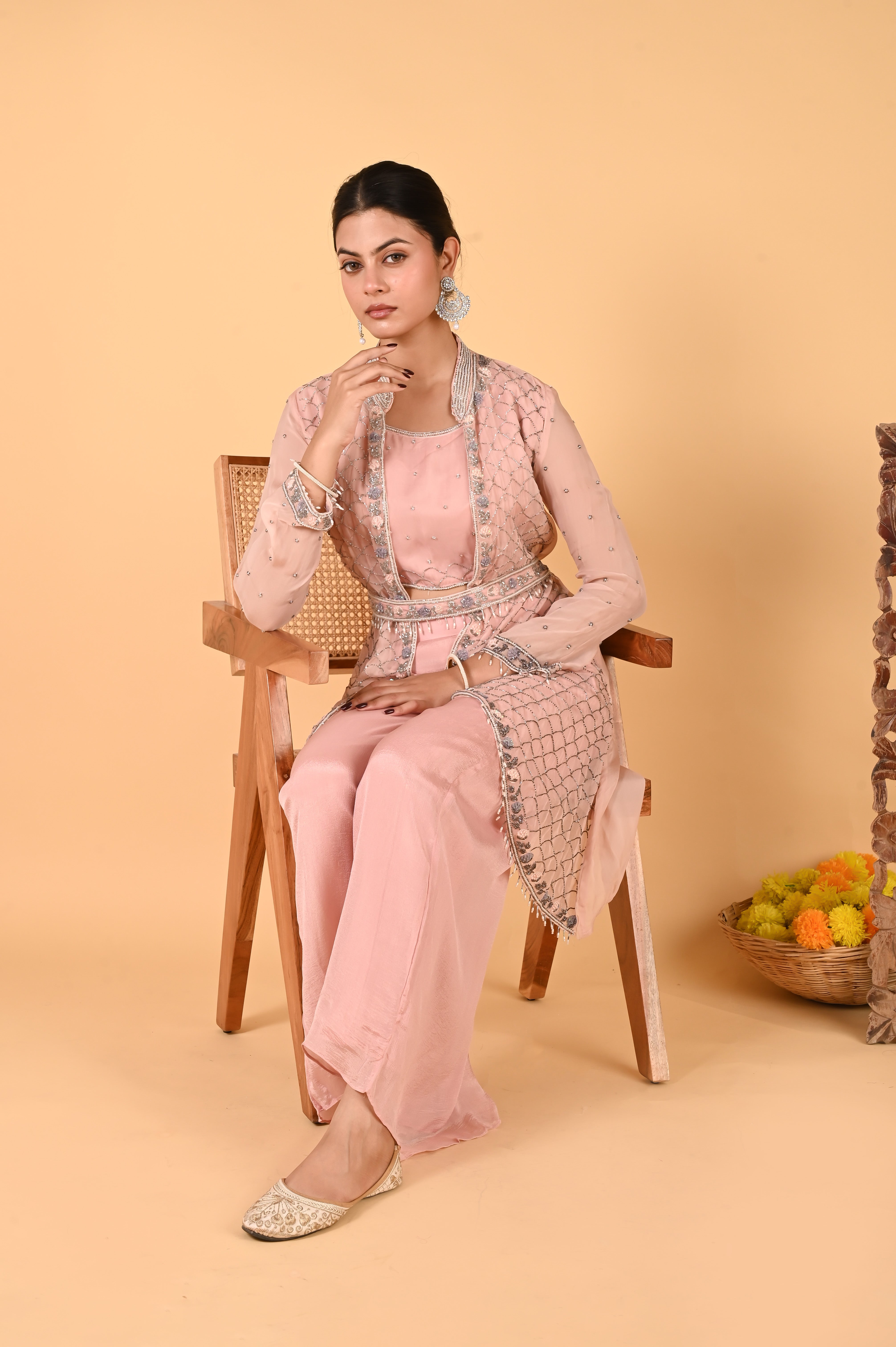 NR-119/ Blush Pink Hand-Embroidered Jacket Set