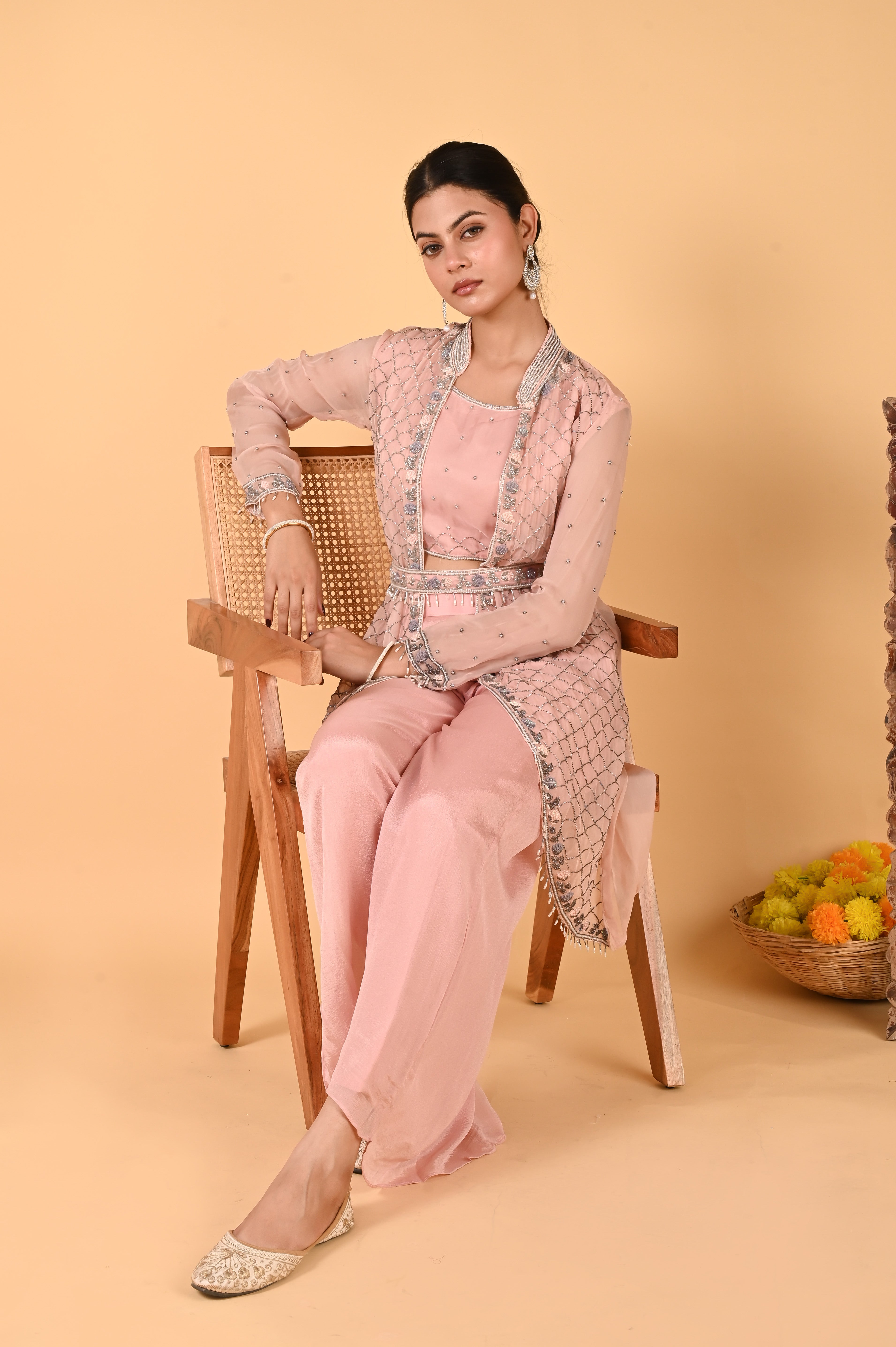 NR-119/ Blush Pink Hand-Embroidered Jacket Set