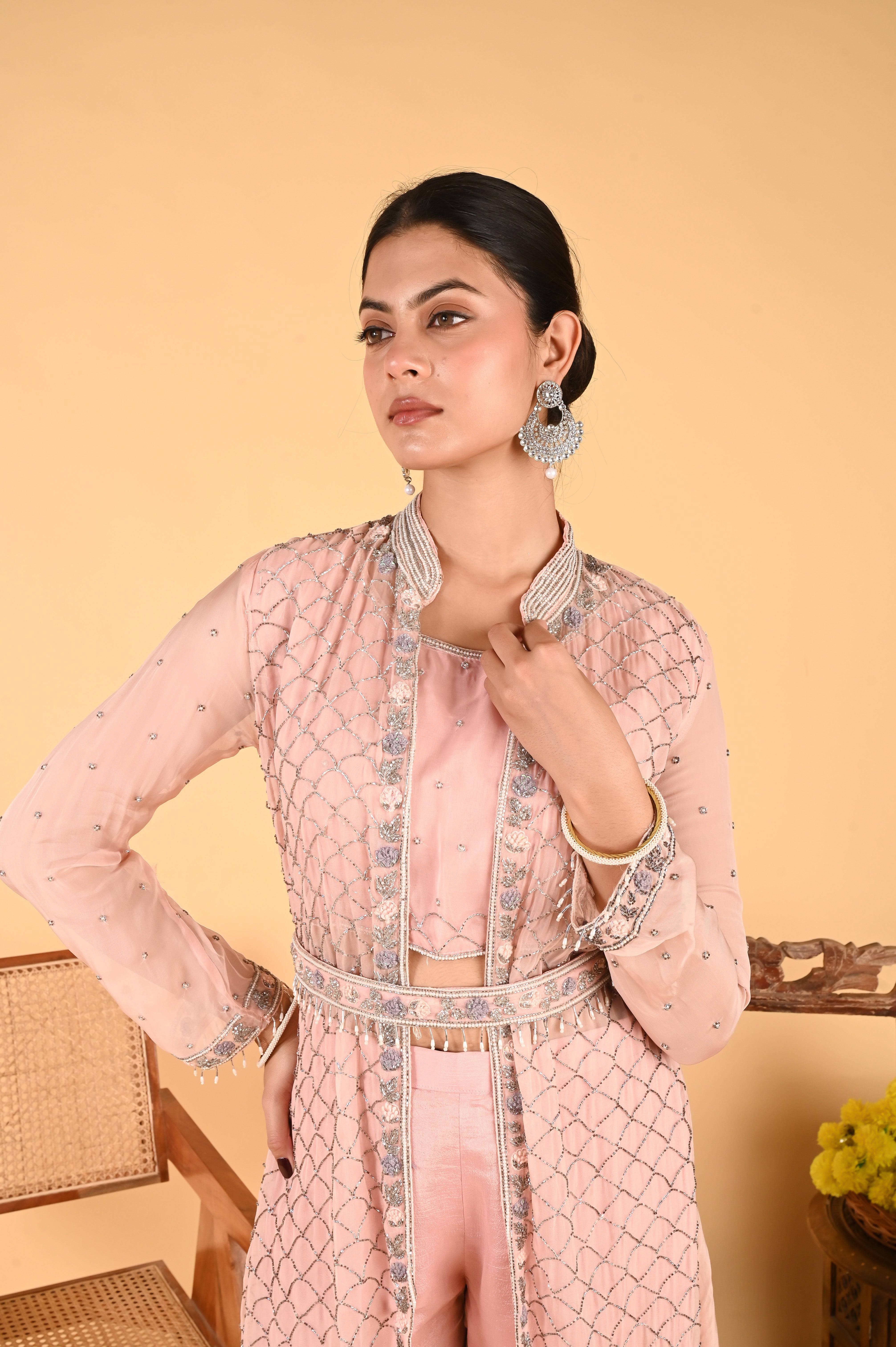 NR-119/ Blush Pink Hand-Embroidered Jacket Set