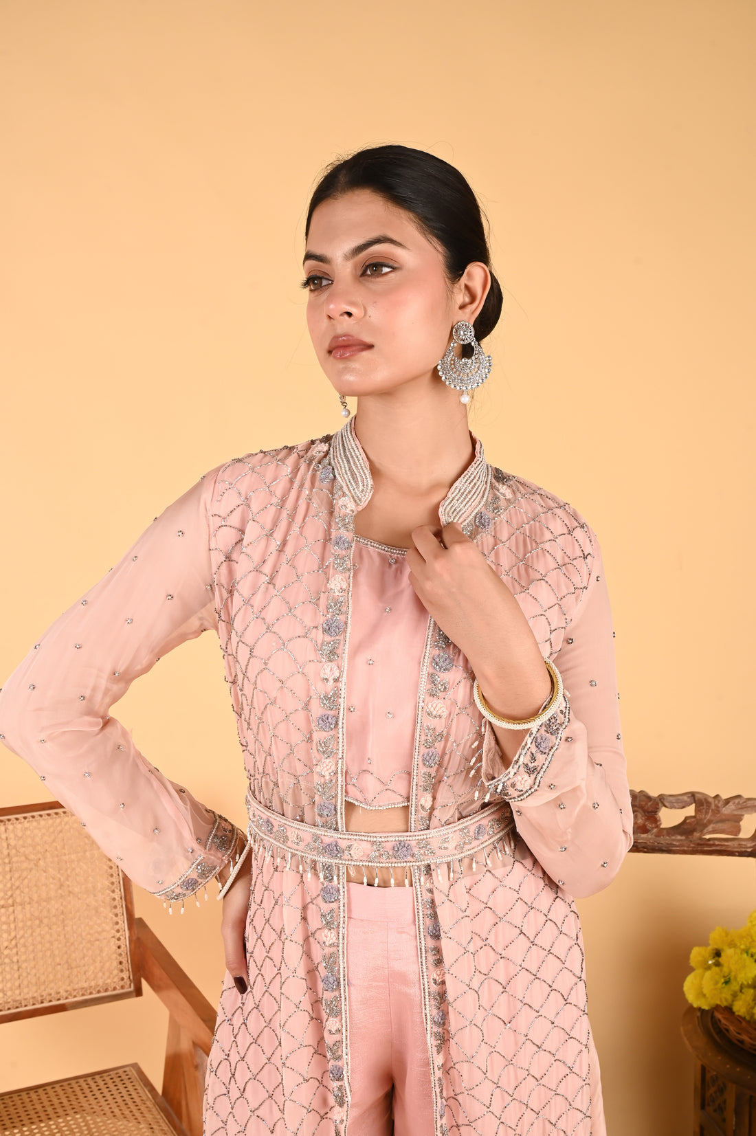 NR-119/ Blush Pink Hand-Embroidered Jacket Set