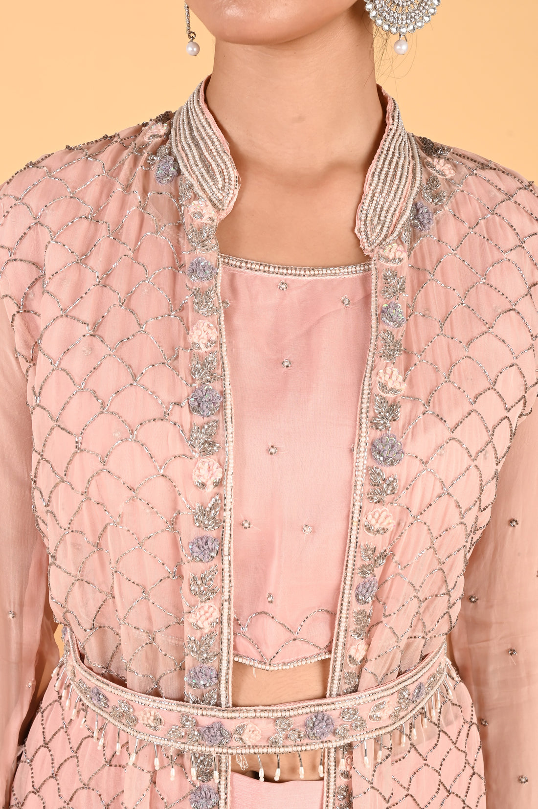 NR-119/ Blush Pink Hand-Embroidered Jacket Set