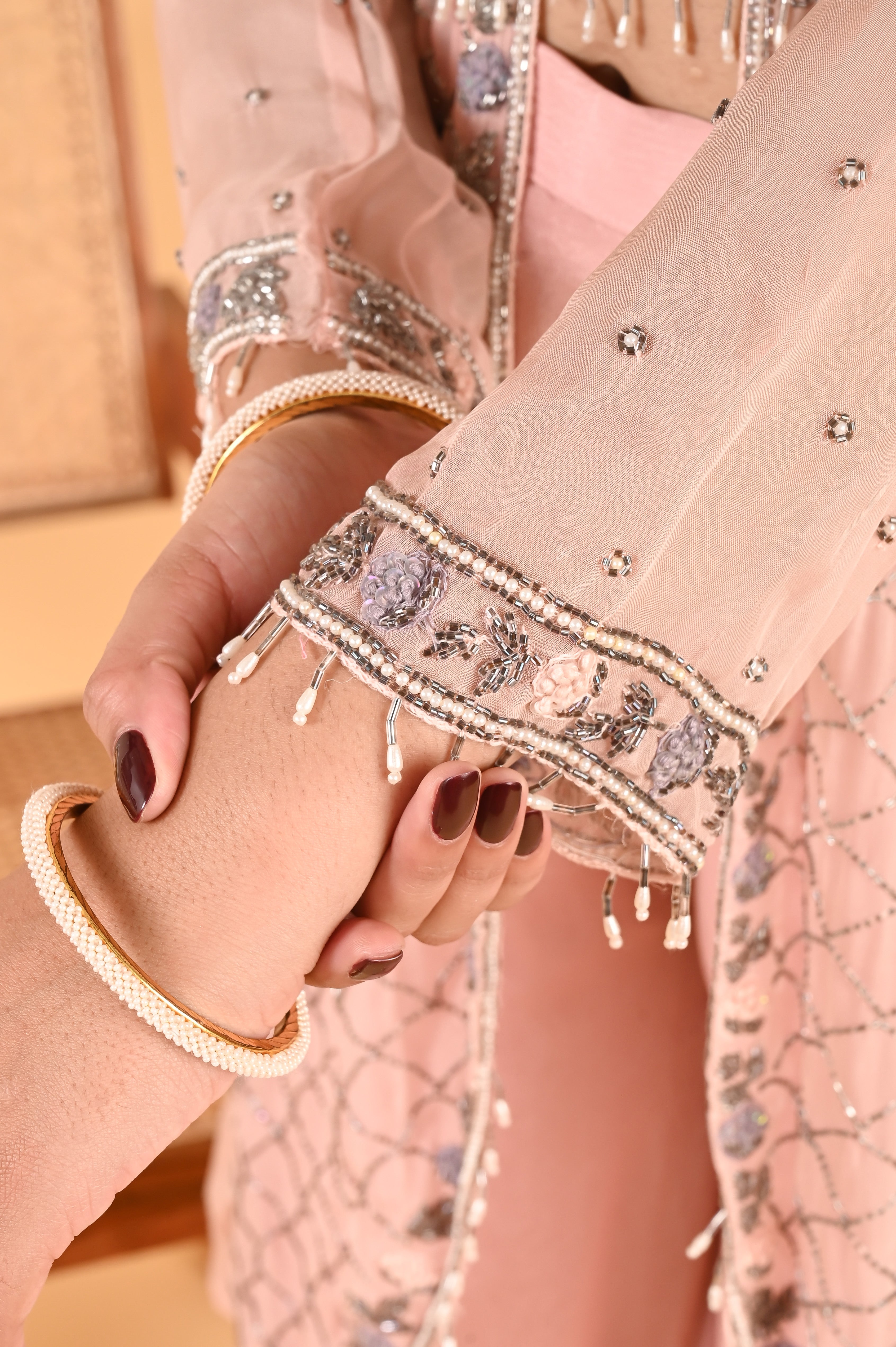 NR-119/ Blush Pink Hand-Embroidered Jacket Set