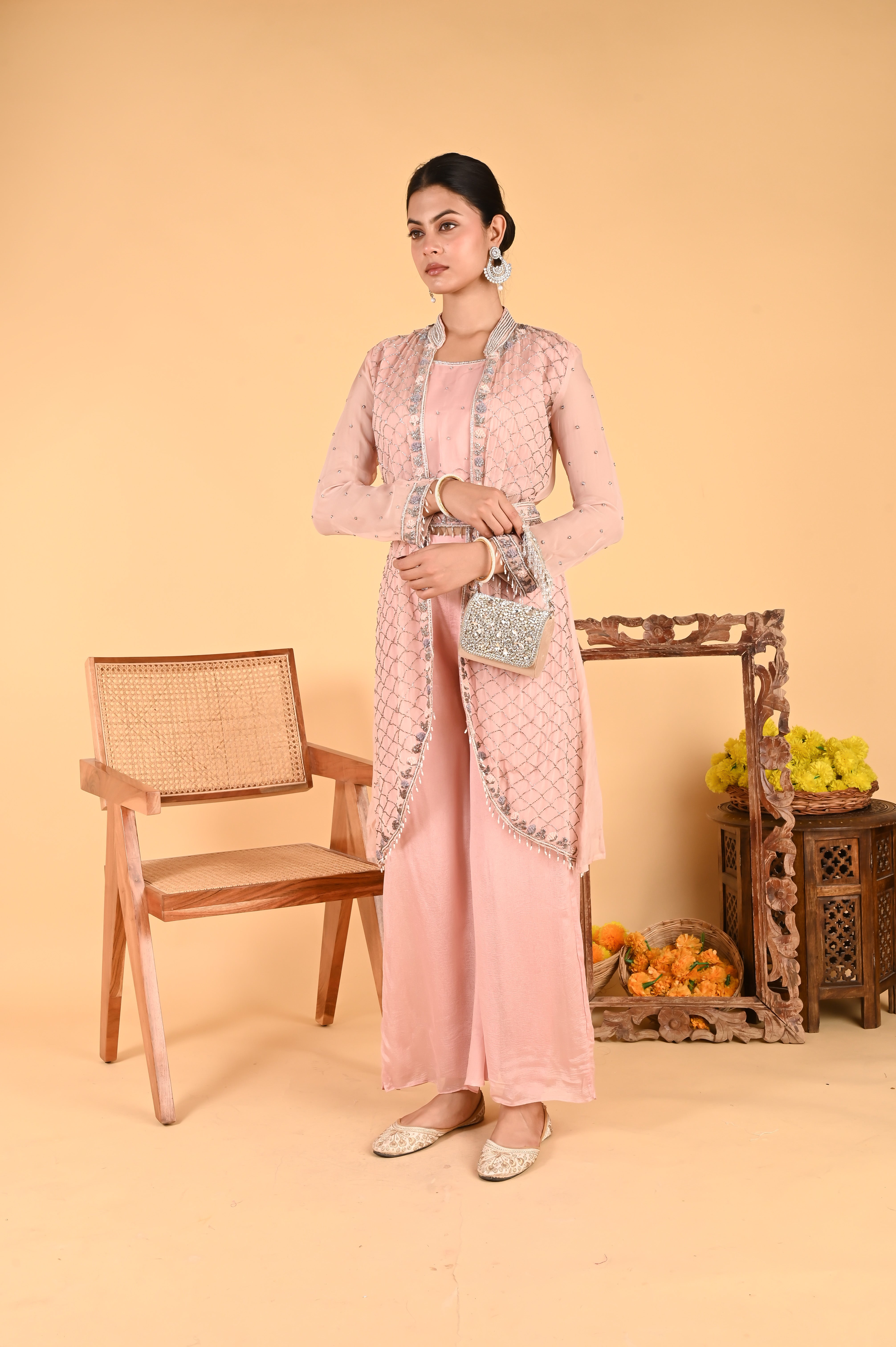 NR-119/ Blush Pink Hand-Embroidered Jacket Set