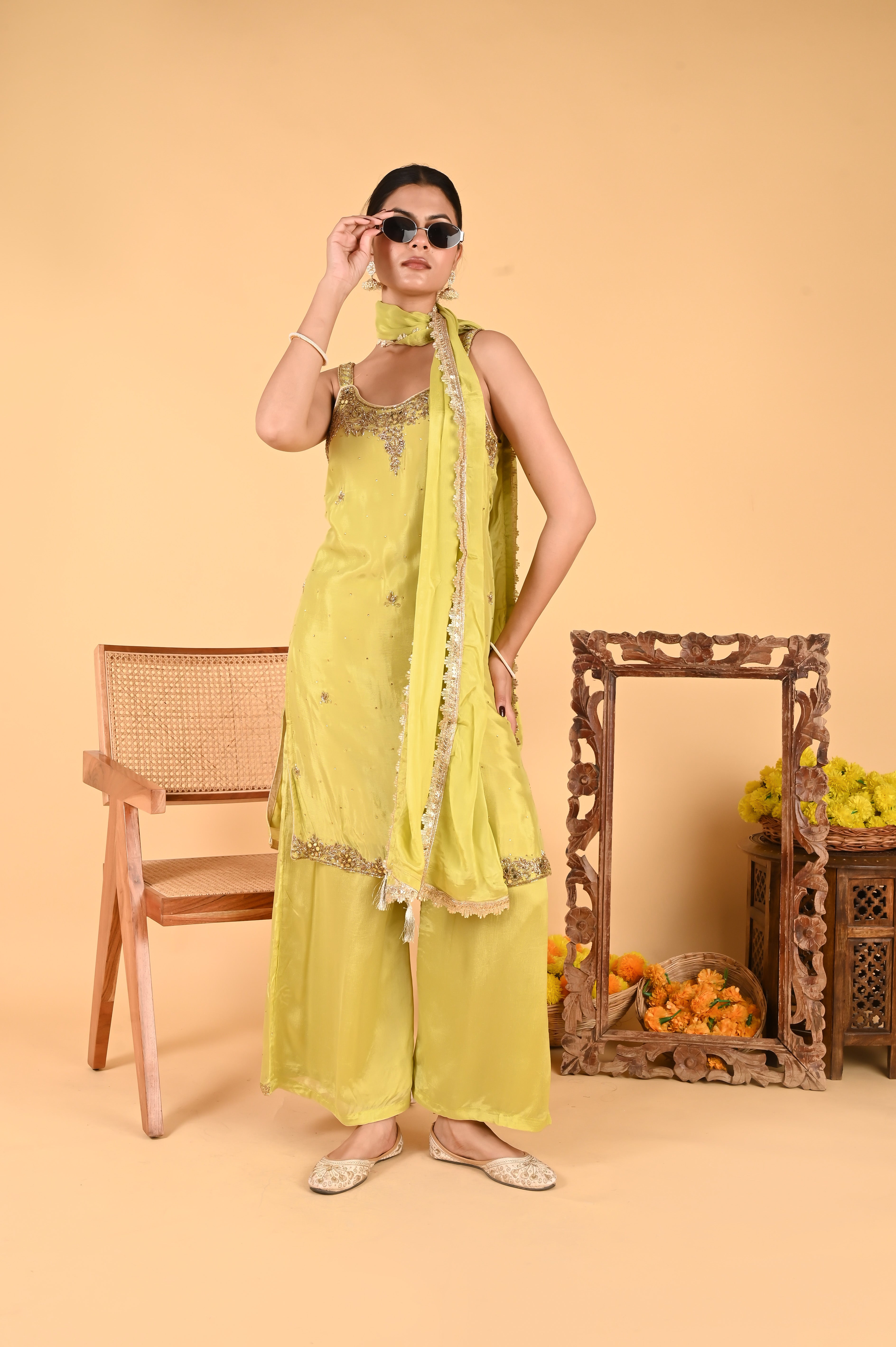 NR-120/ Lime Green Hand-Embellished Kurta Set
