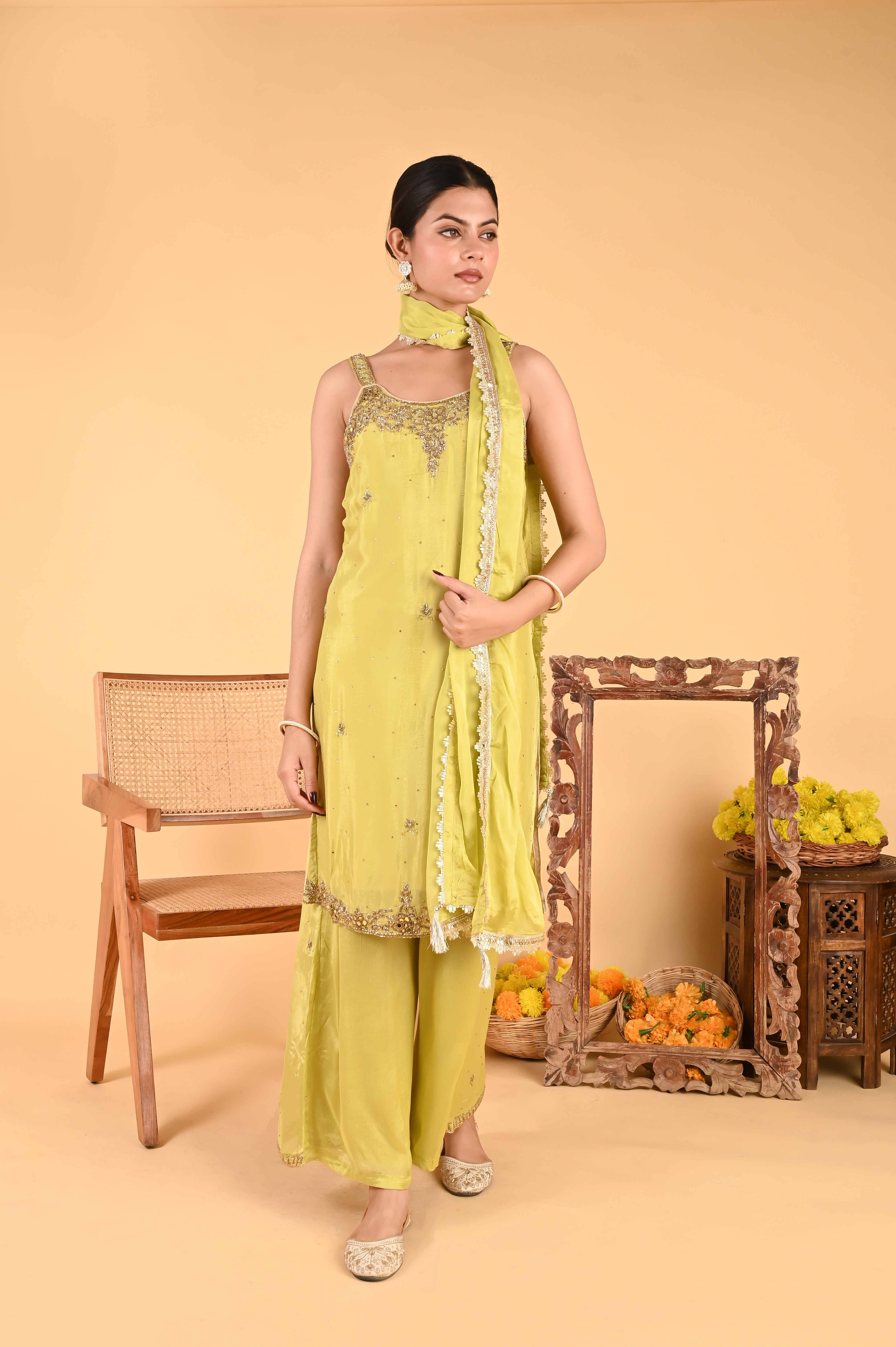 NR-120/ Lime Green Hand-Embellished Kurta Set