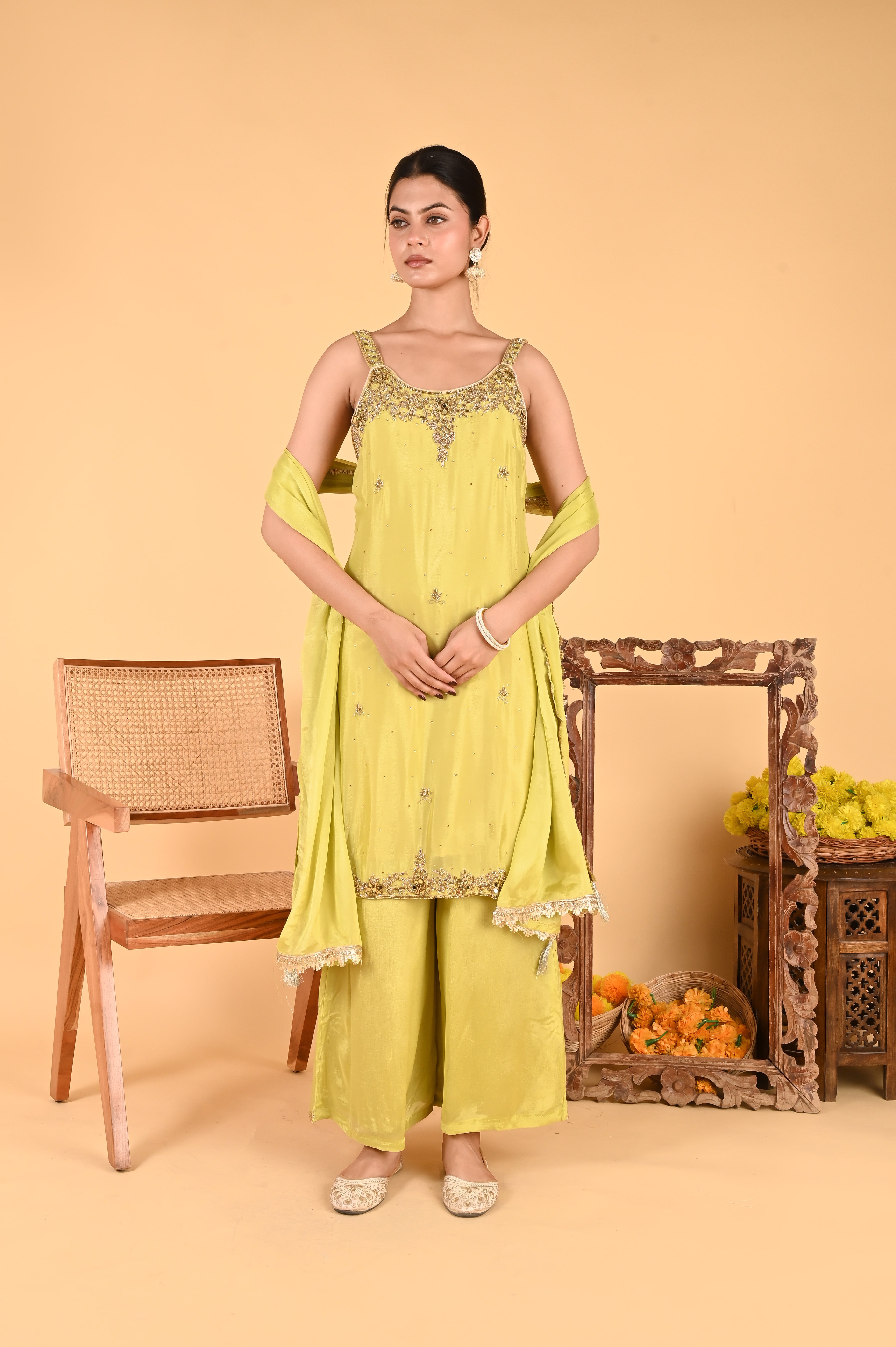 NR-120/ Lime Green Hand-Embellished Kurta Set