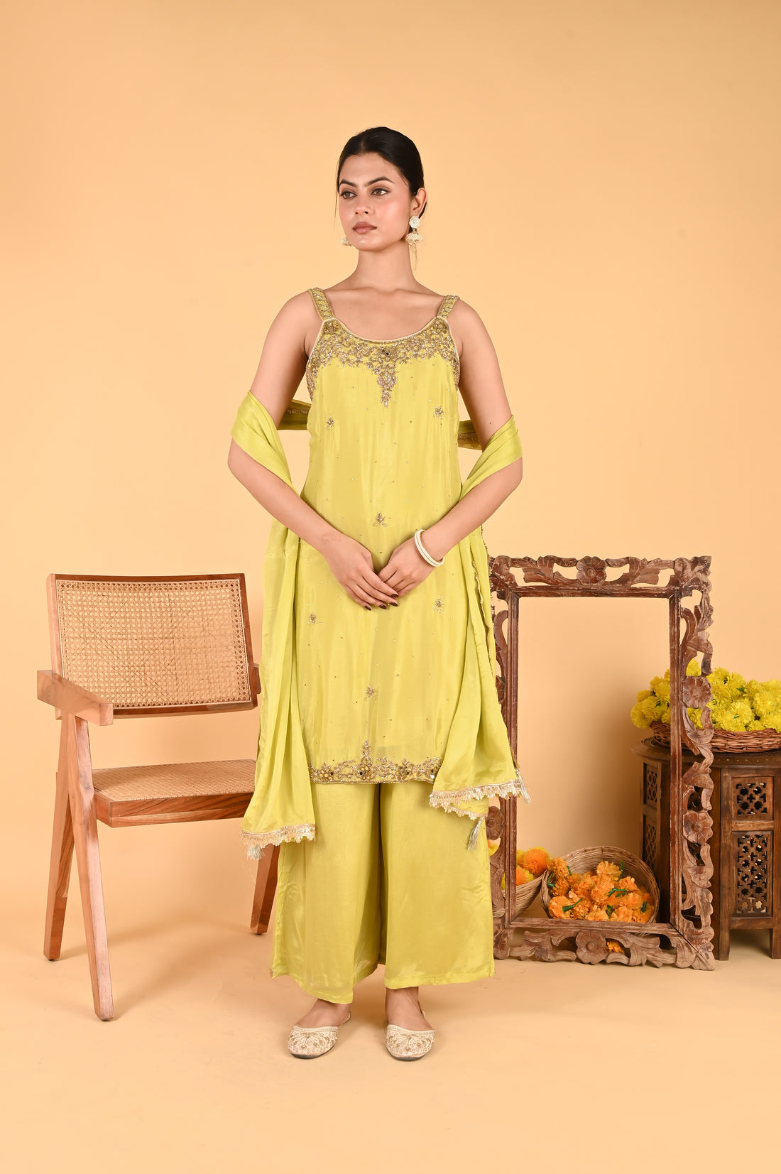 NR-120/ Lime Green Hand-Embellished Kurta Set