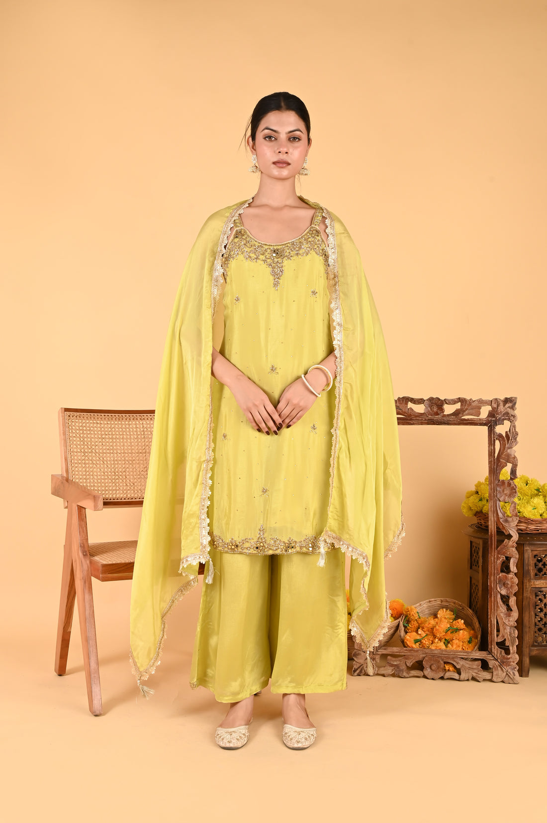 NR-120/ Lime Green Hand-Embellished Kurta Set