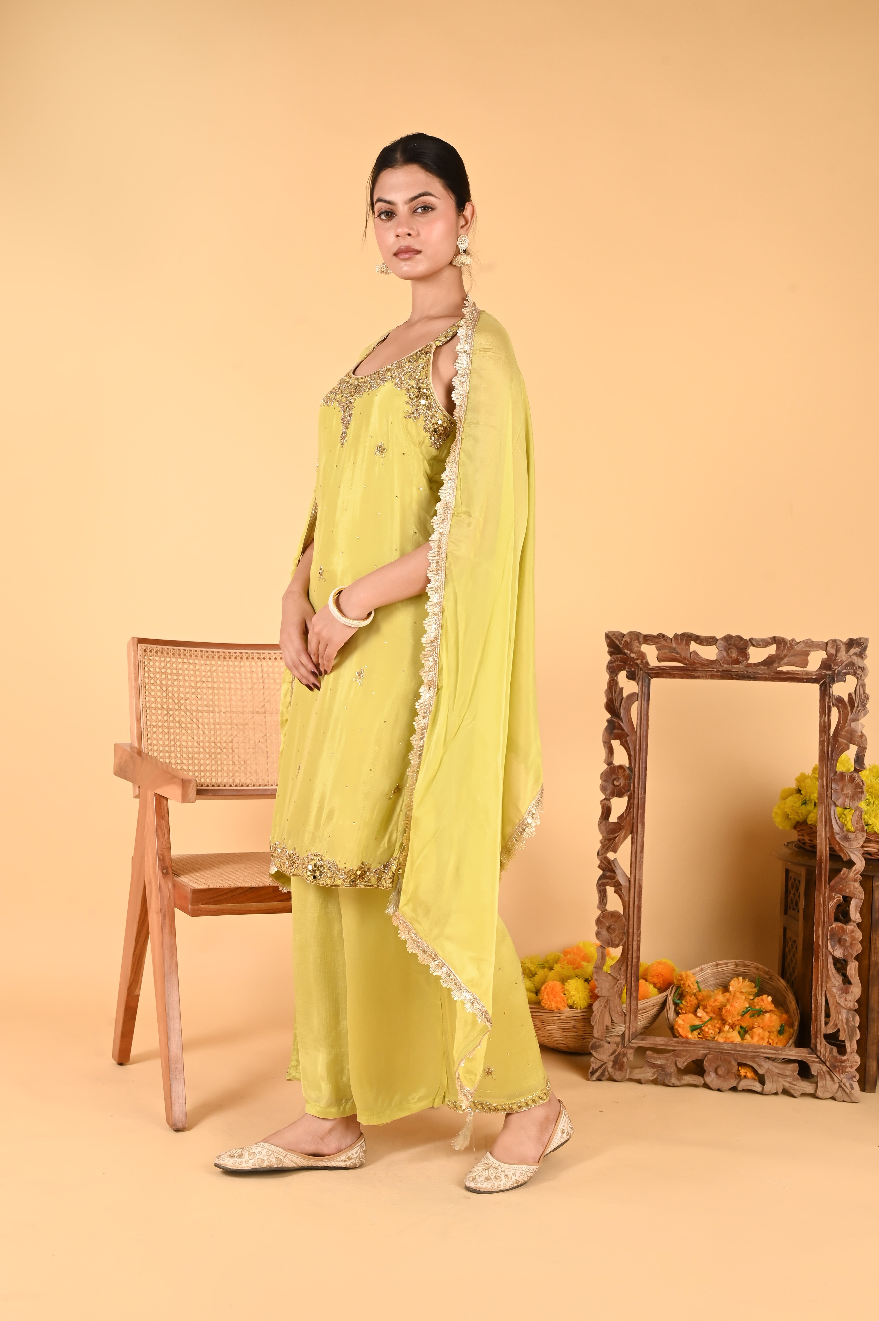 NR-120/ Lime Green Hand-Embellished Kurta Set