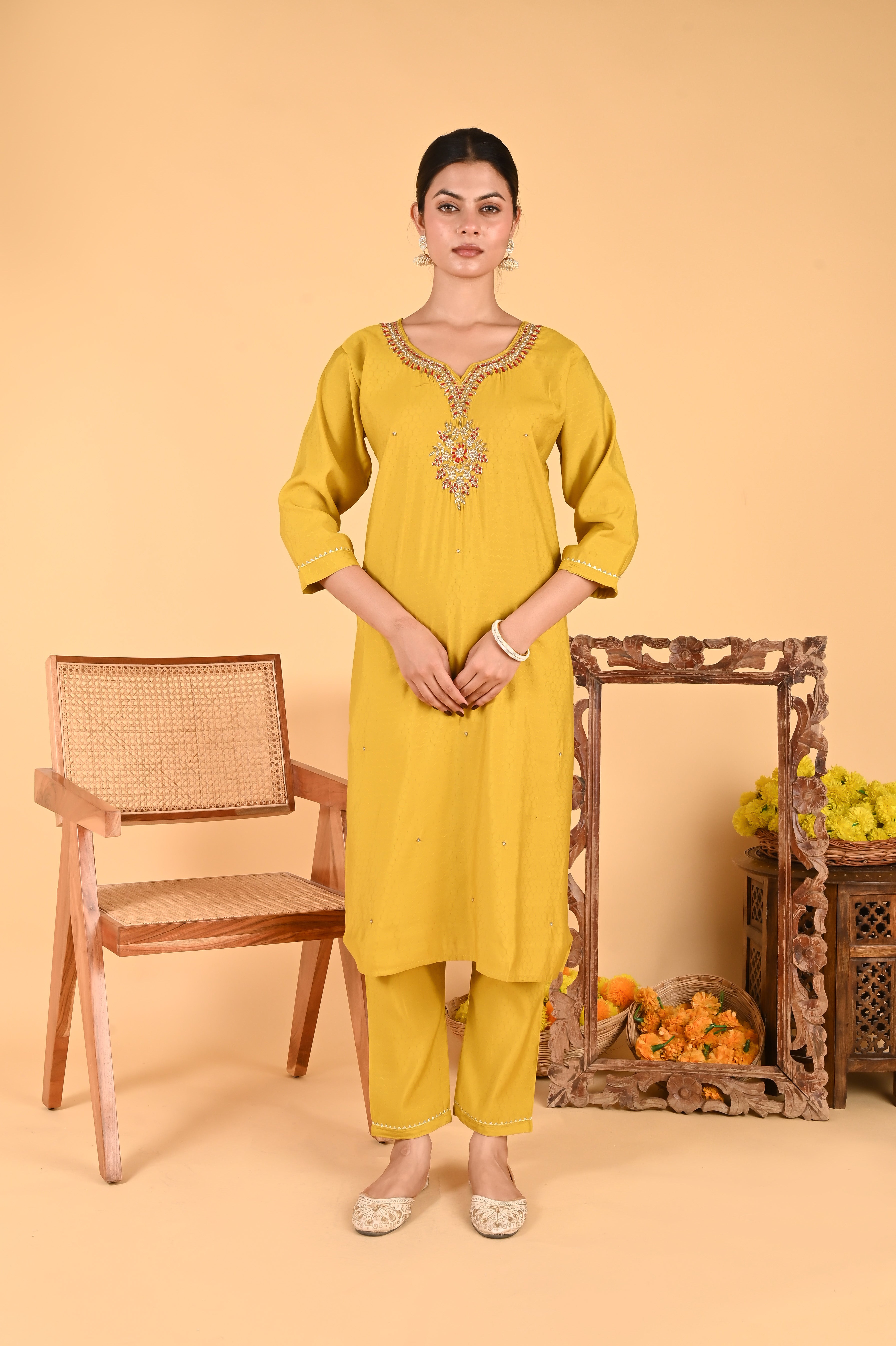 NR-122/ Mustard Mirror & Thread Embroidered Kurta Set