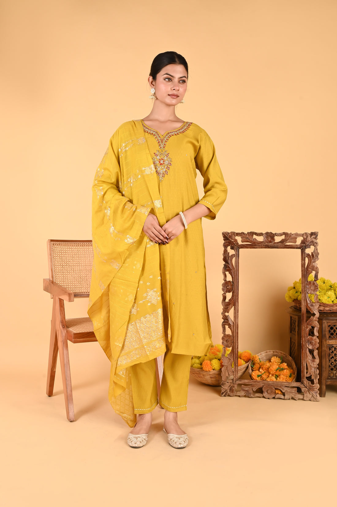 NR-122/ Mustard Mirror & Thread Embroidered Kurta Set