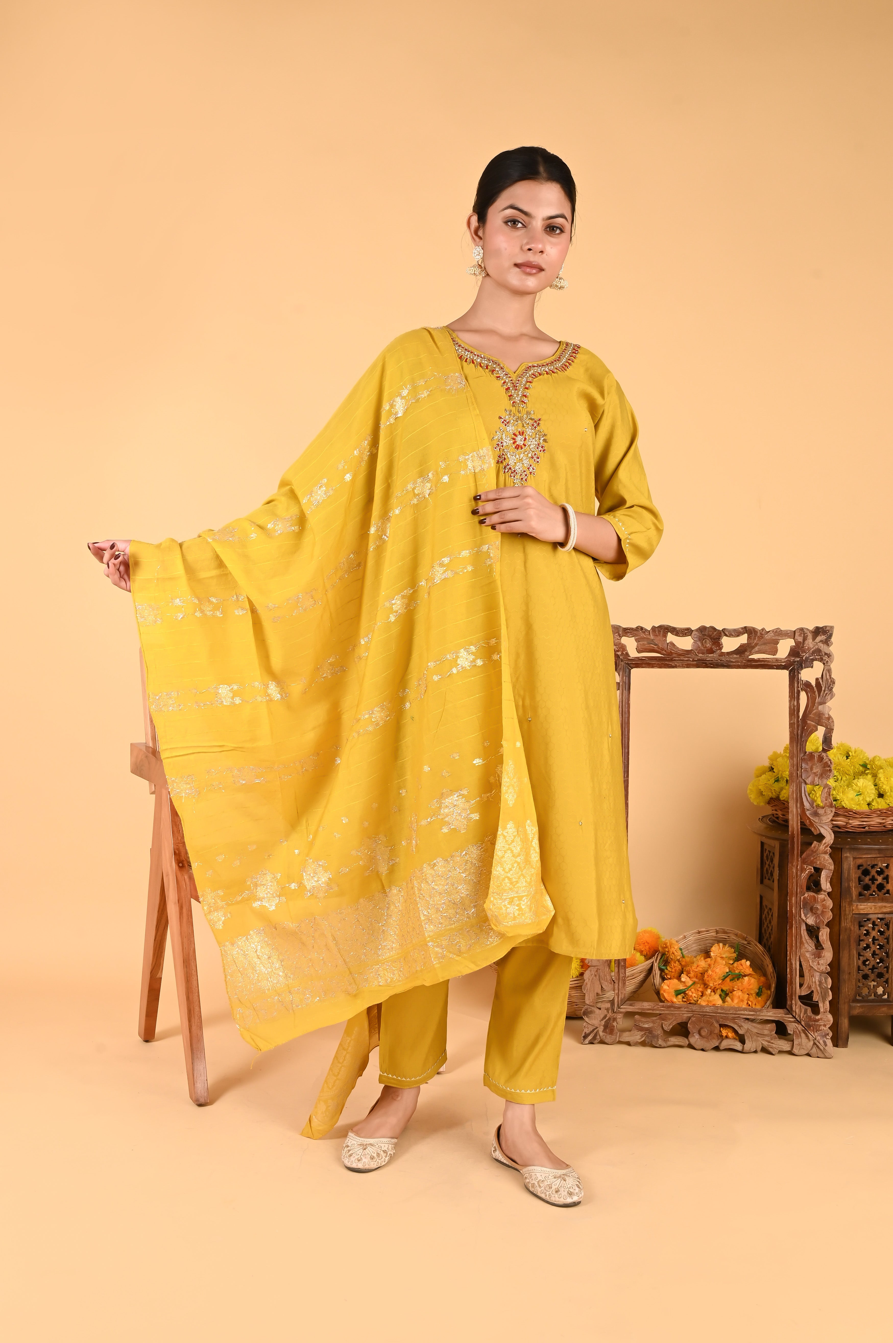 NR-122/ Mustard Mirror & Thread Embroidered Kurta Set