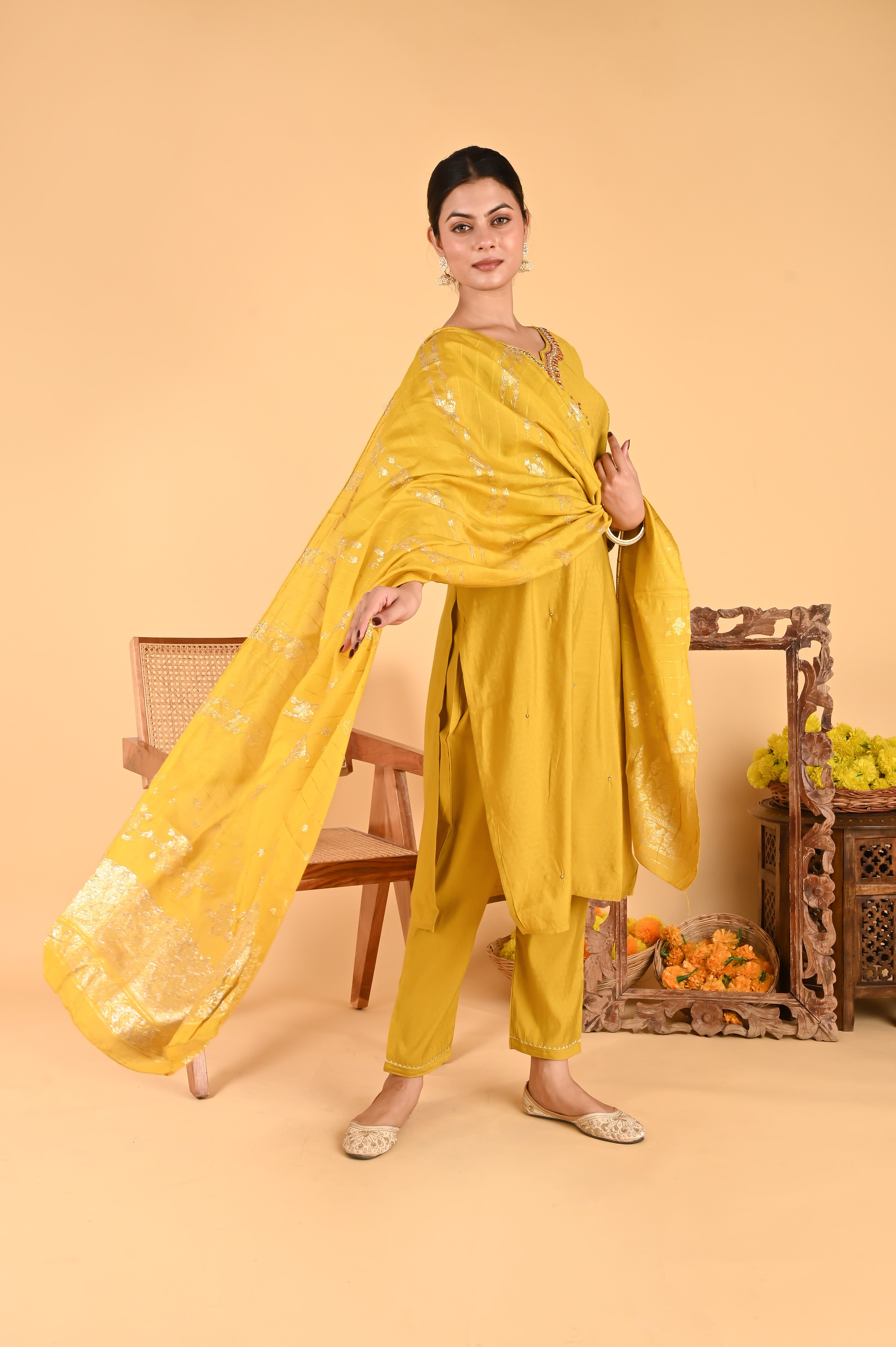 NR-122/ Mustard Mirror & Thread Embroidered Kurta Set