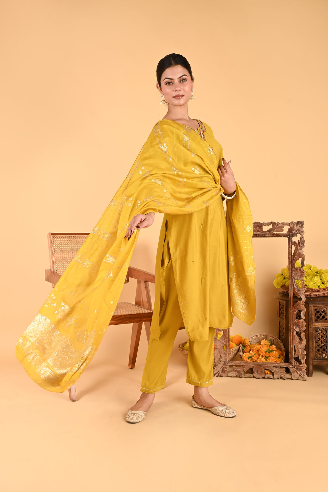 NR-122/ Mustard Mirror & Thread Embroidered Kurta Set