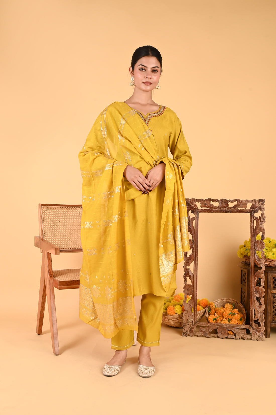 NR-122/ Mustard Mirror & Thread Embroidered Kurta Set