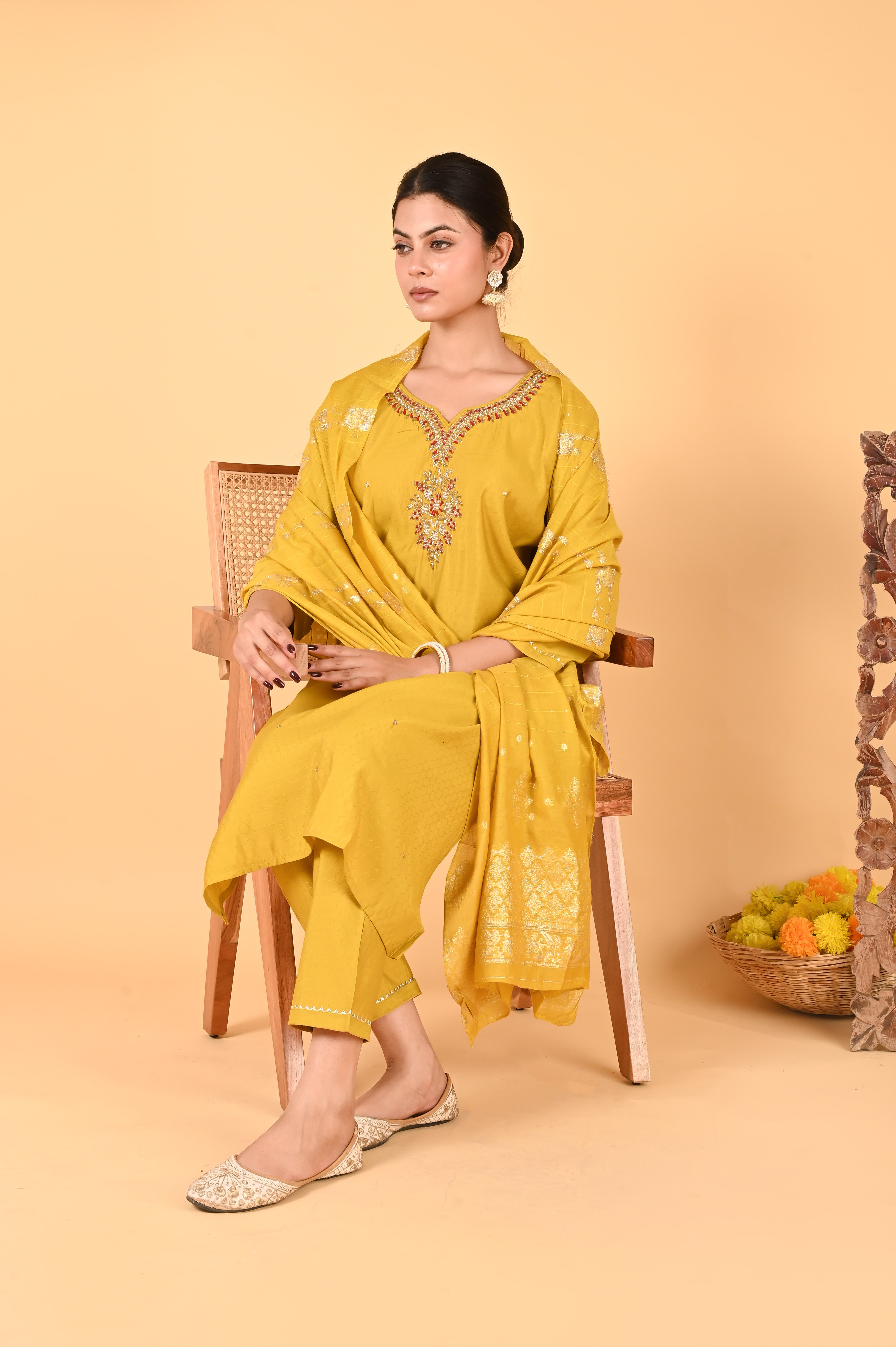 NR-122/ Mustard Mirror & Thread Embroidered Kurta Set