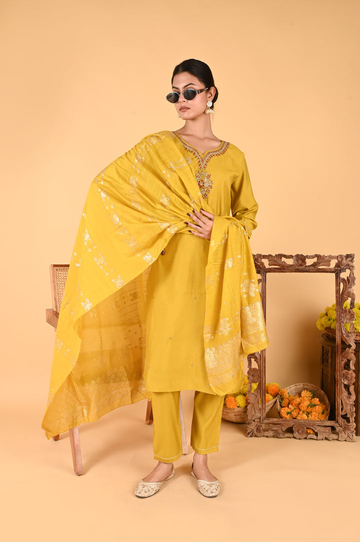 NR-122/ Mustard Mirror & Thread Embroidered Kurta Set