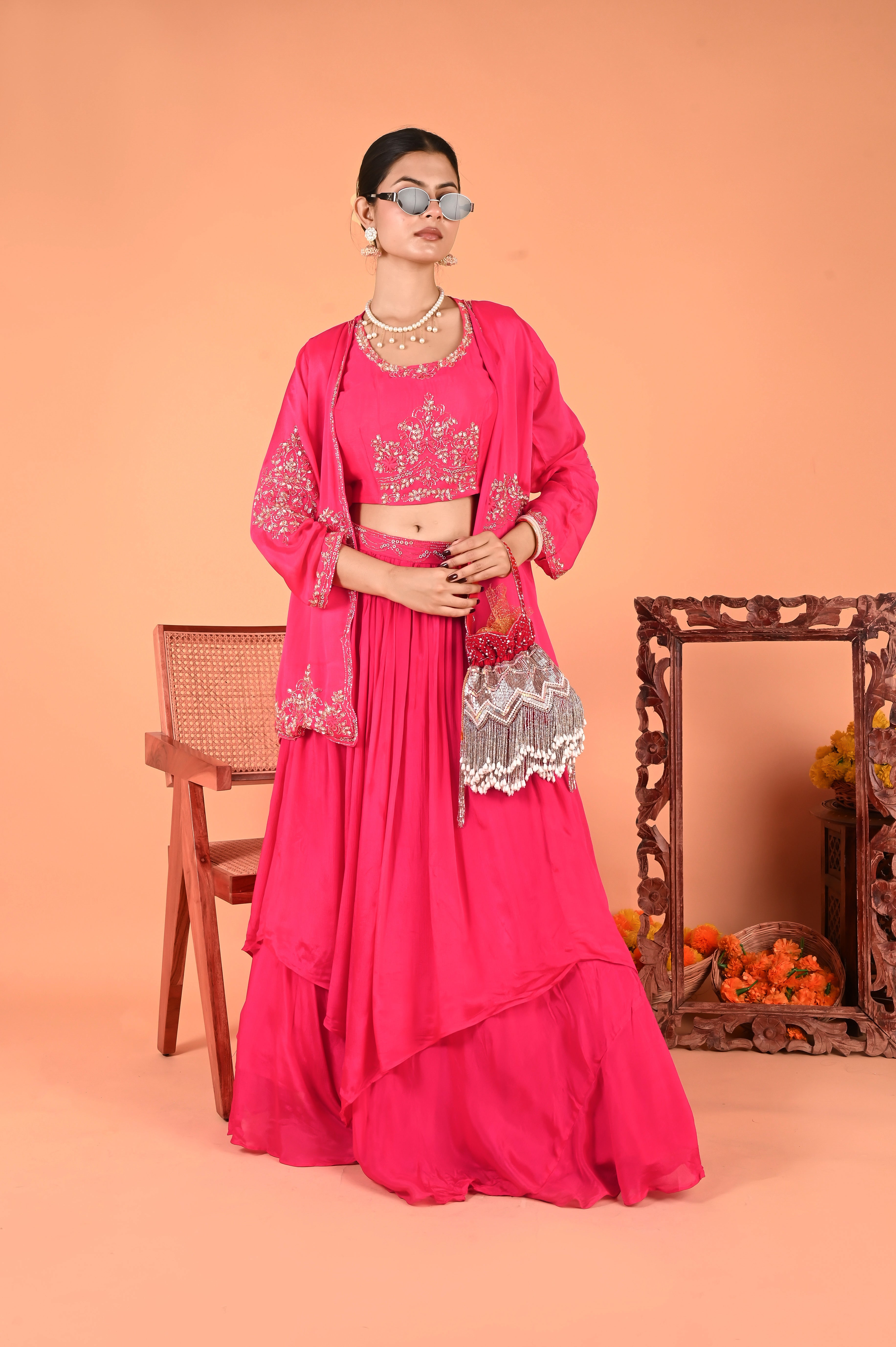 NR-125/ Rani Pink Hand-Embroidered 3 Pcs Indo Western set