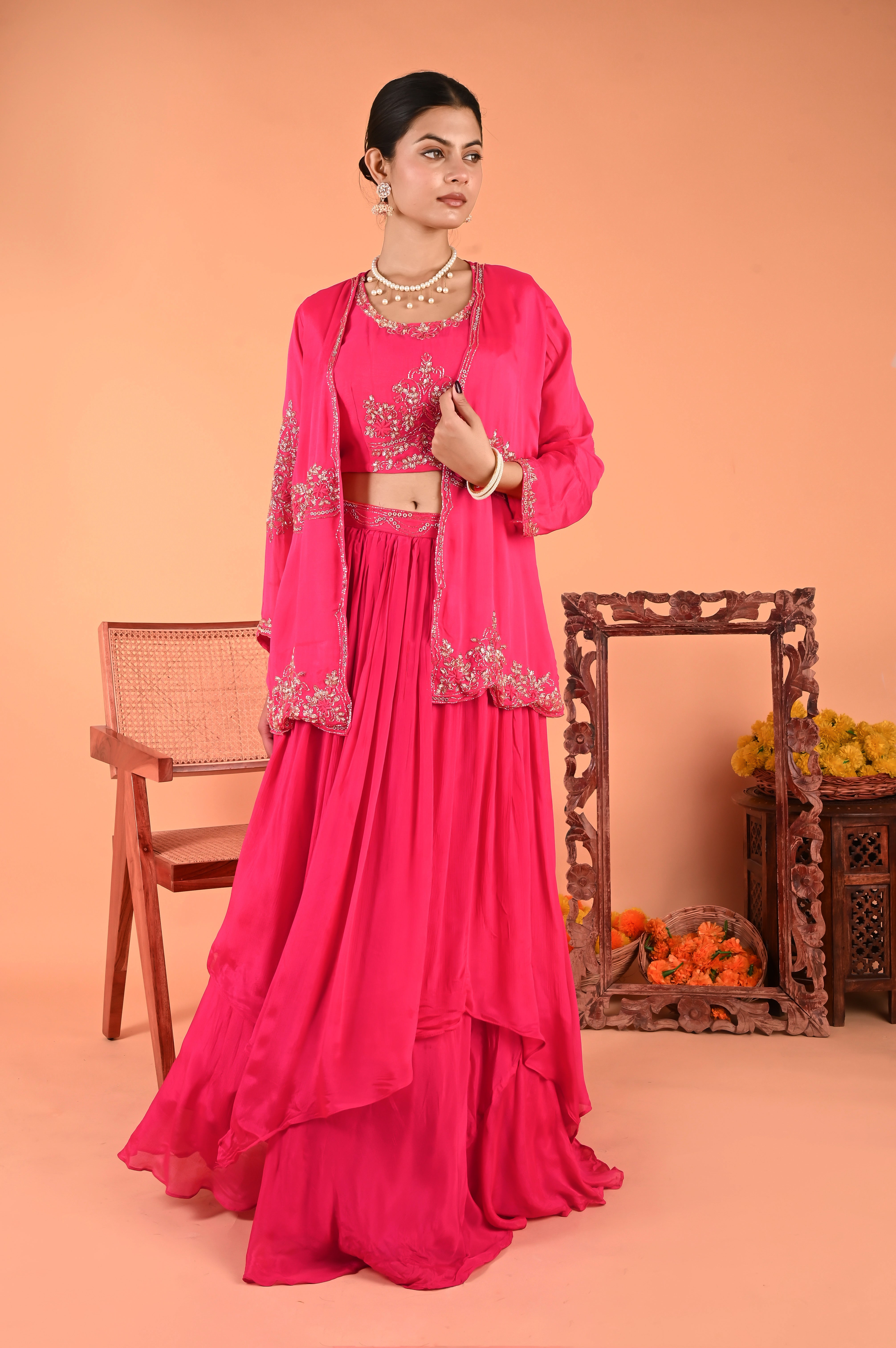 NR-125/ Rani Pink Hand-Embroidered 3 Pcs Indo Western set