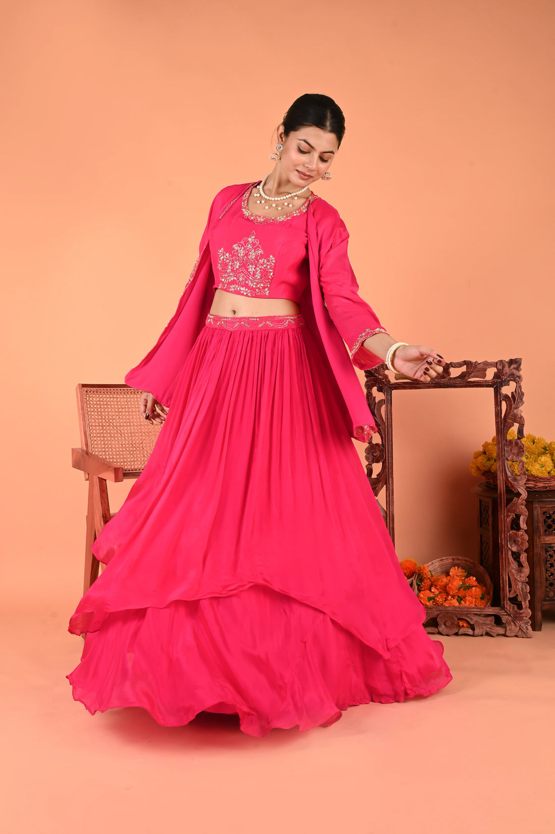 NR-125/ Rani Pink Hand-Embroidered 3 Pcs Indo Western set