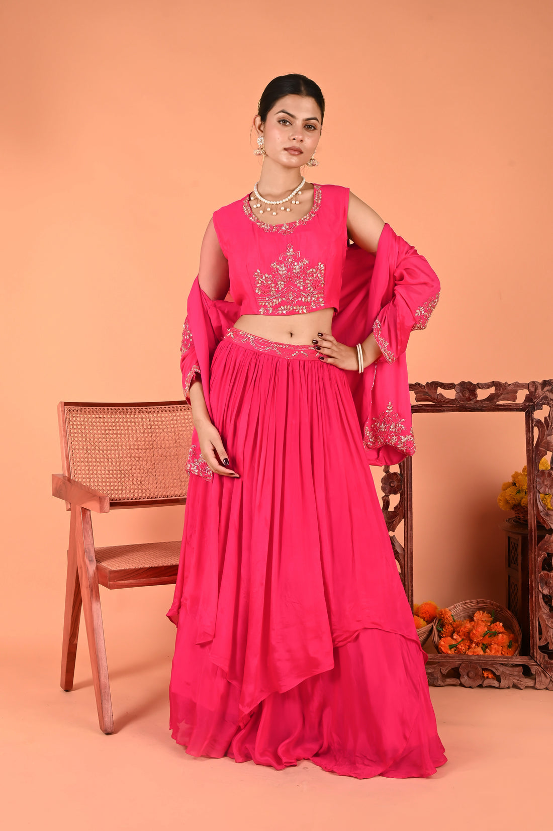 NR-125/ Rani Pink Hand-Embroidered 3 Pcs Indo Western set