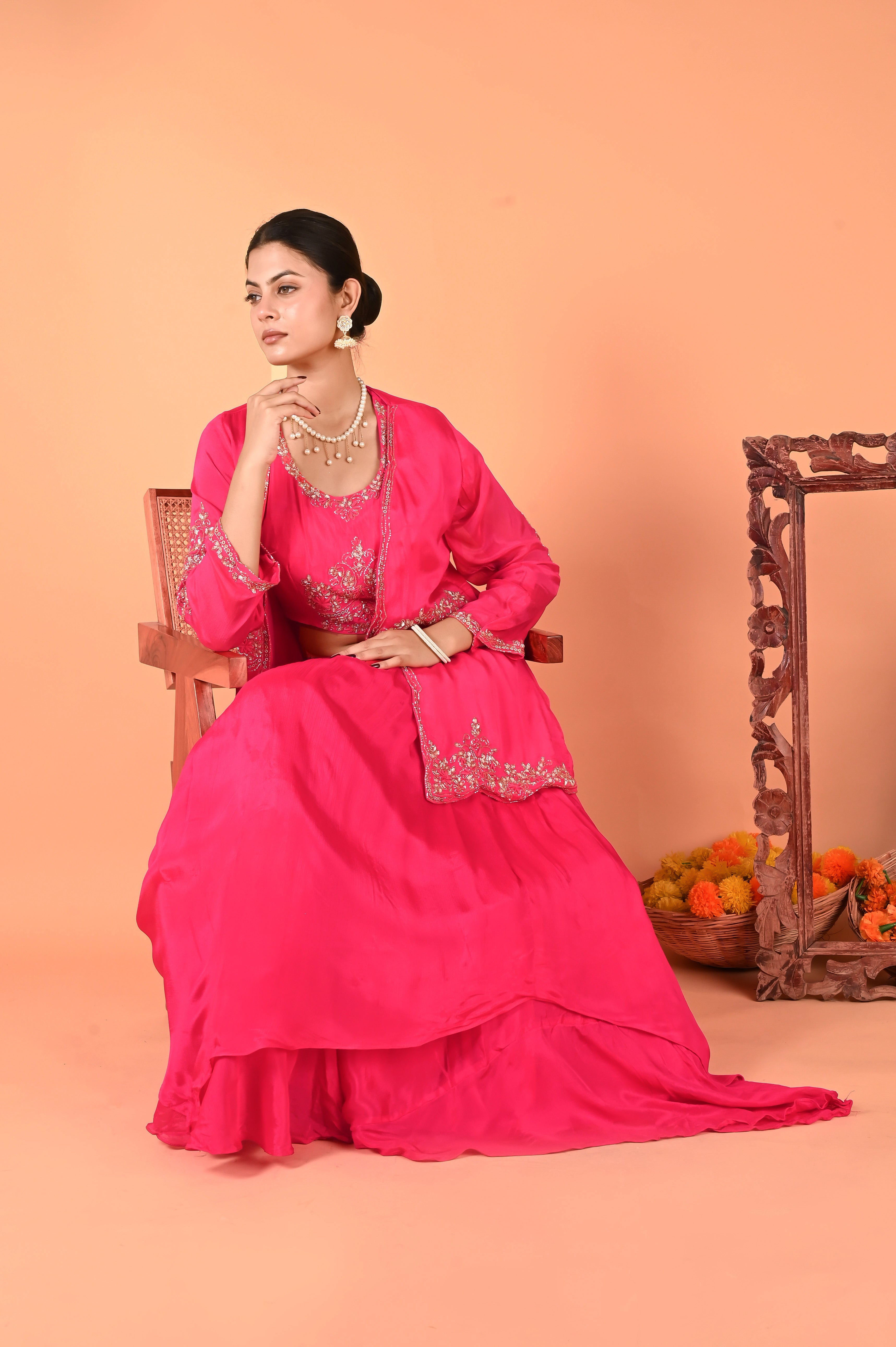 NR-125/ Rani Pink Hand-Embroidered 3 Pcs Indo Western set