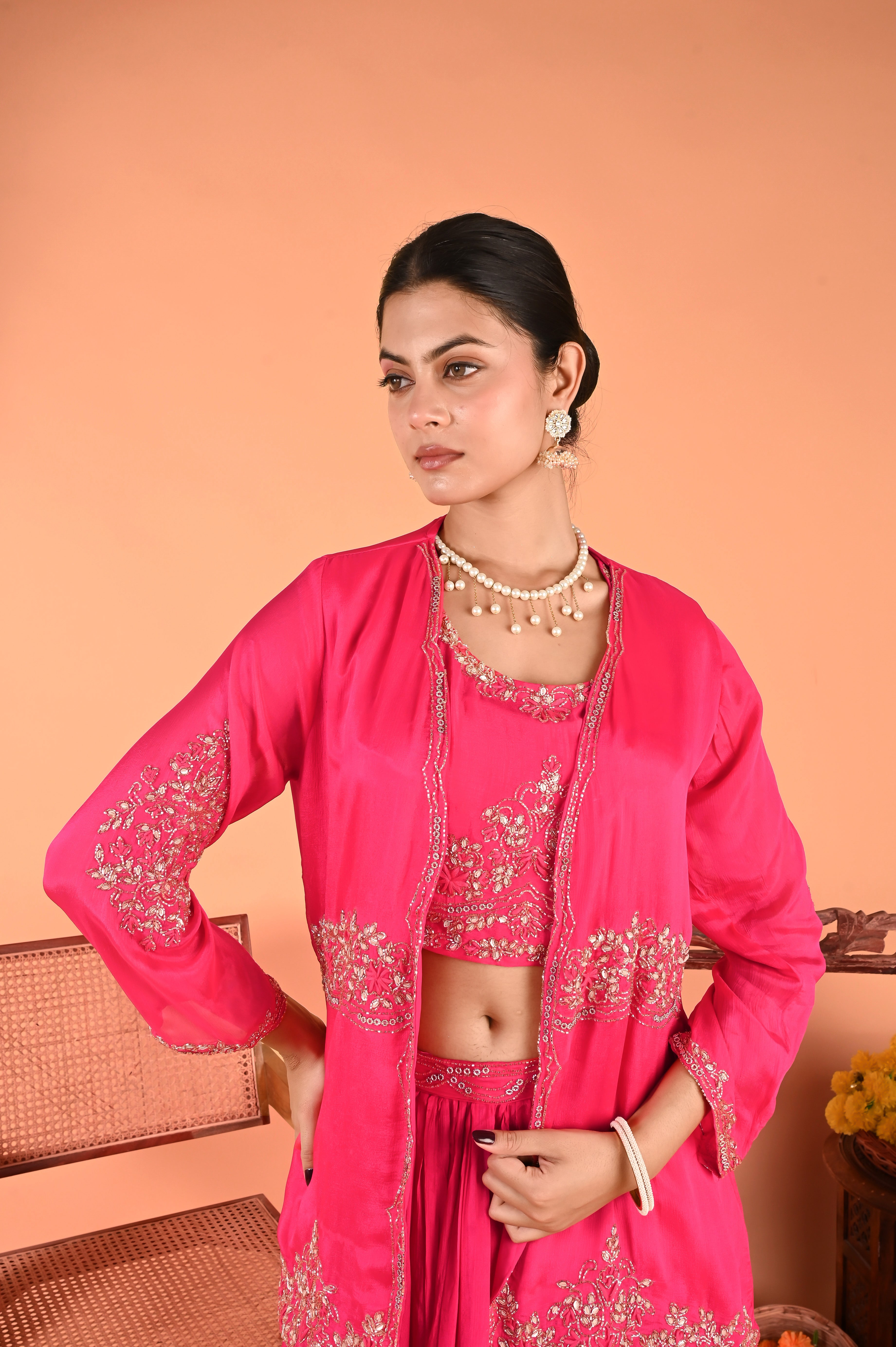NR-125/ Rani Pink Hand-Embroidered 3 Pcs Indo Western set