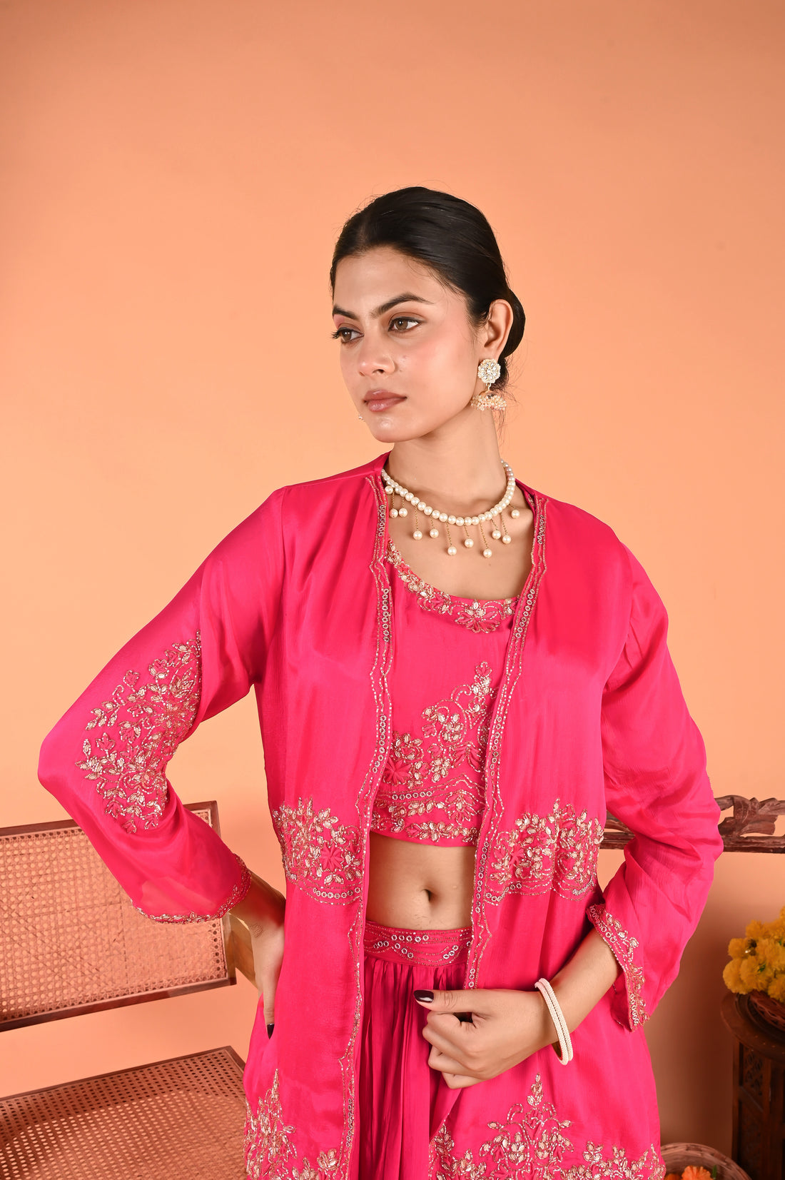NR-125/ Rani Pink Hand-Embroidered 3 Pcs Indo Western set