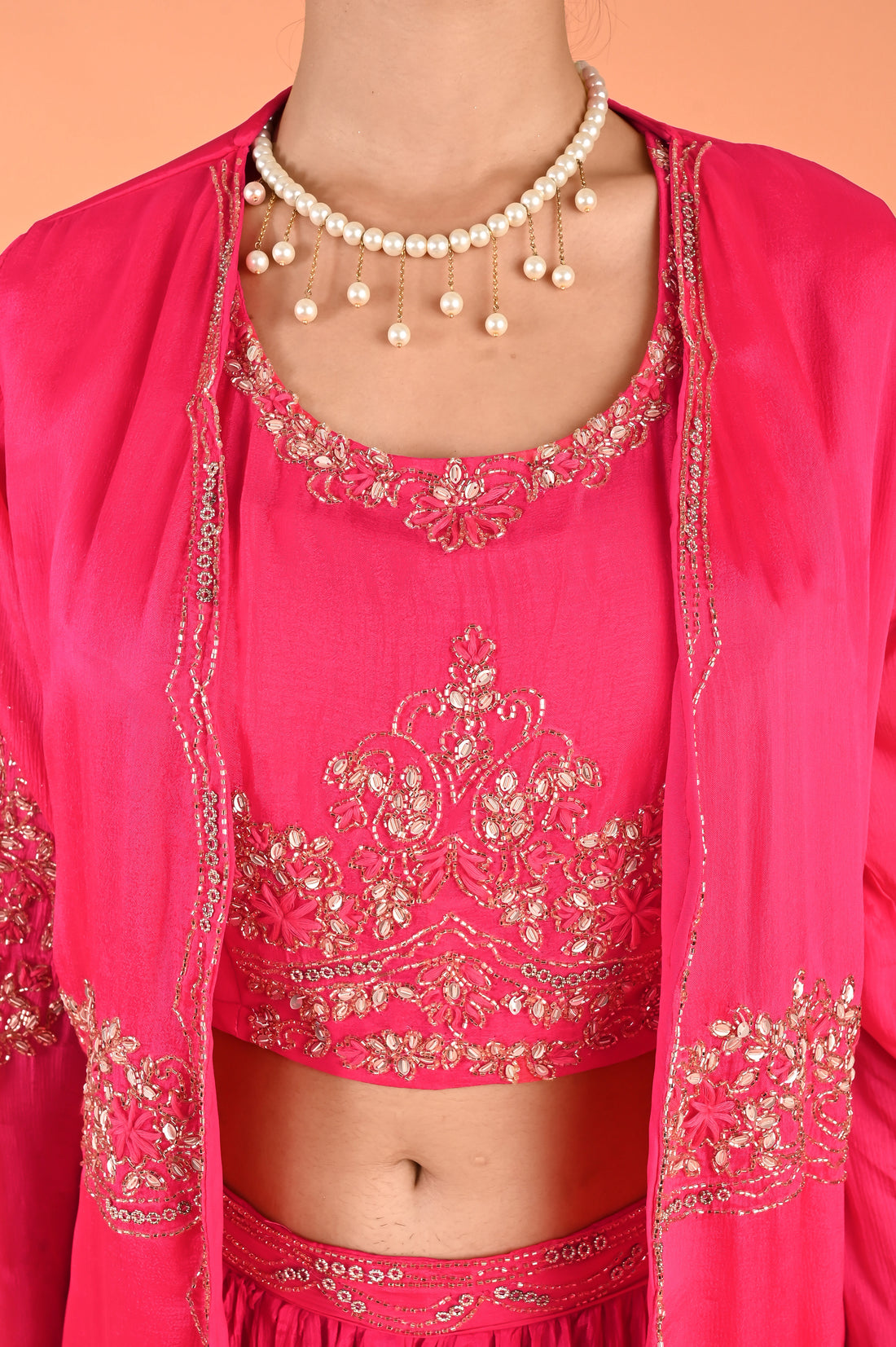 NR-125/ Rani Pink Hand-Embroidered 3 Pcs Indo Western set