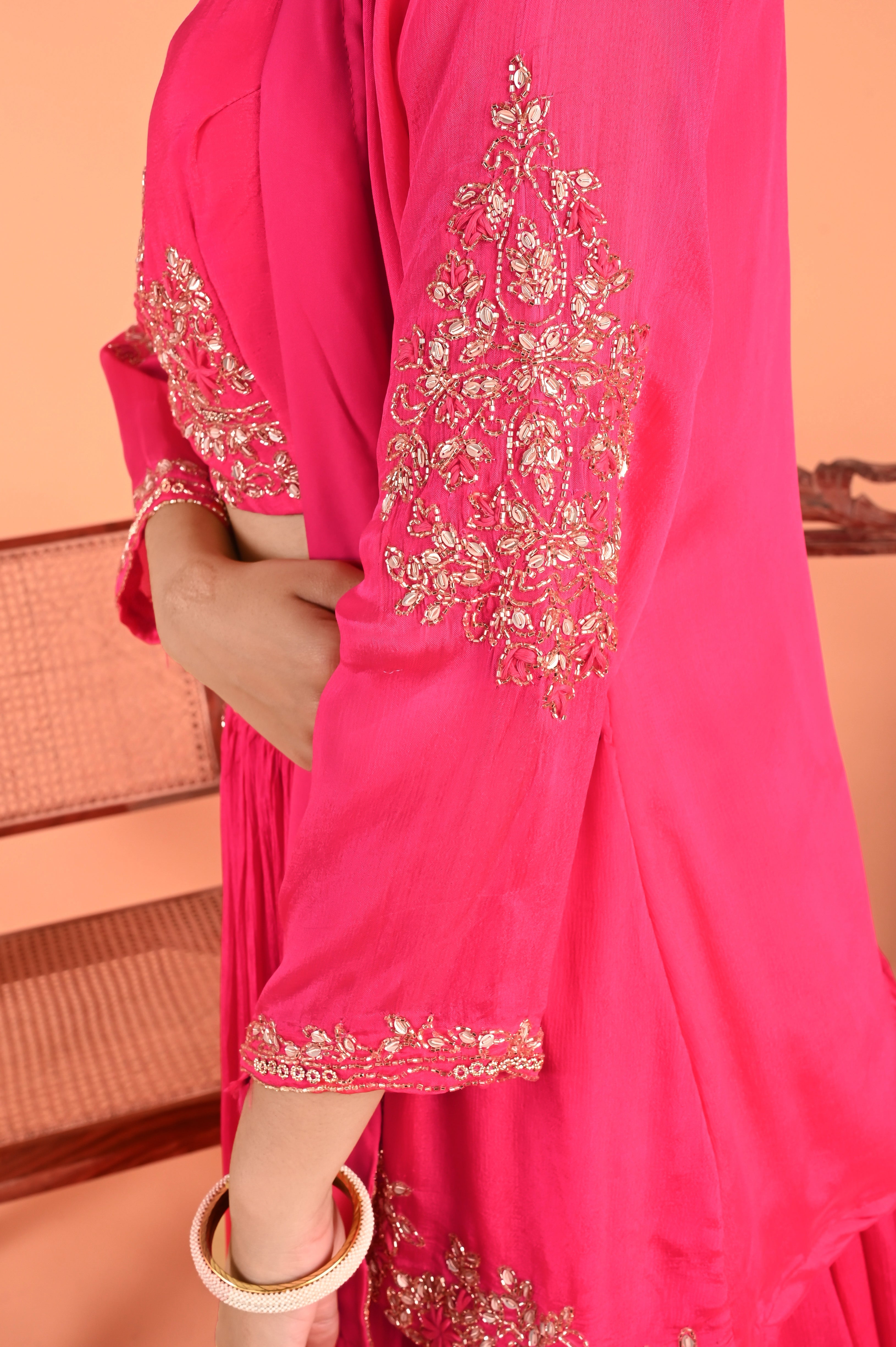 NR-125/ Rani Pink Hand-Embroidered 3 Pcs Indo Western set