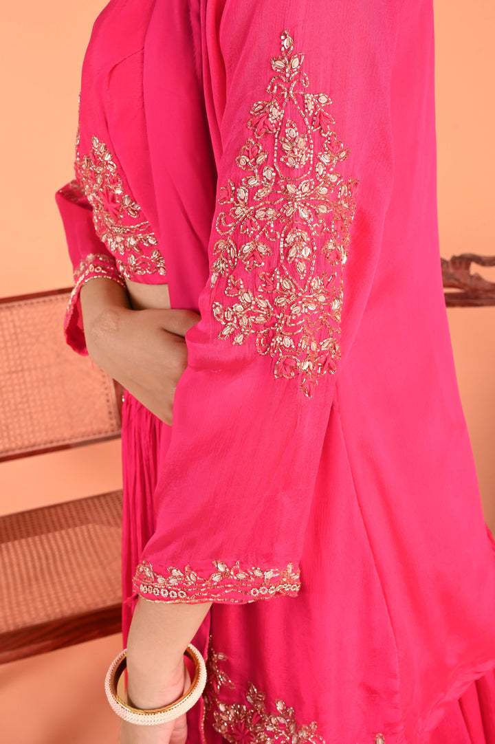 NR-125/ Rani Pink Hand-Embroidered 3 Pcs Indo Western set